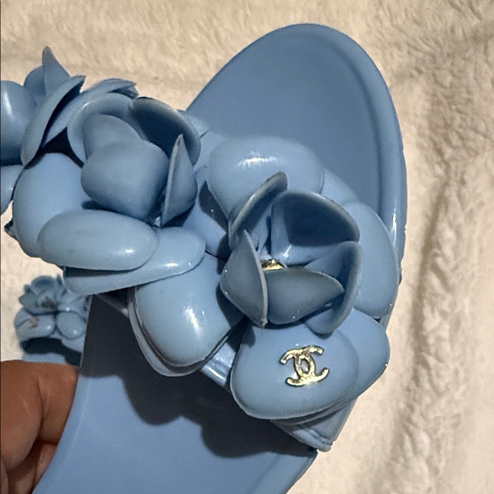 CHANEL Blue Camellia Slide Sandals - Picture 7 of 8